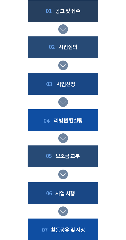 공고 및 접수 -> 사업심의 -> 사업선정 -> 리빙랩 컨설팅 -> 보조금 교부 -> 사업 시행 -> 활동 공유 및 시상